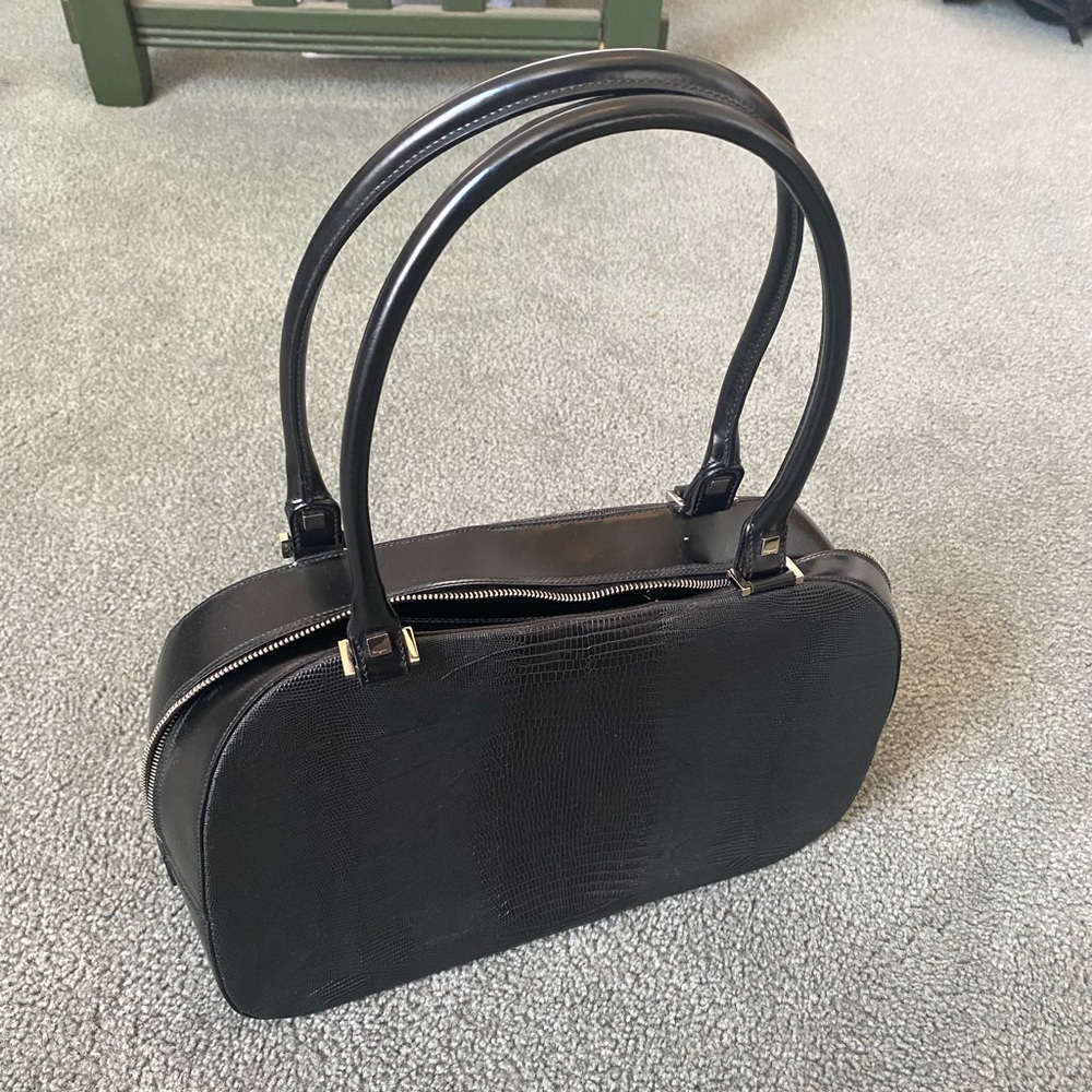 Salvatore Ferragamo Snakeskin Embossed Leather Bowling Bag Purse